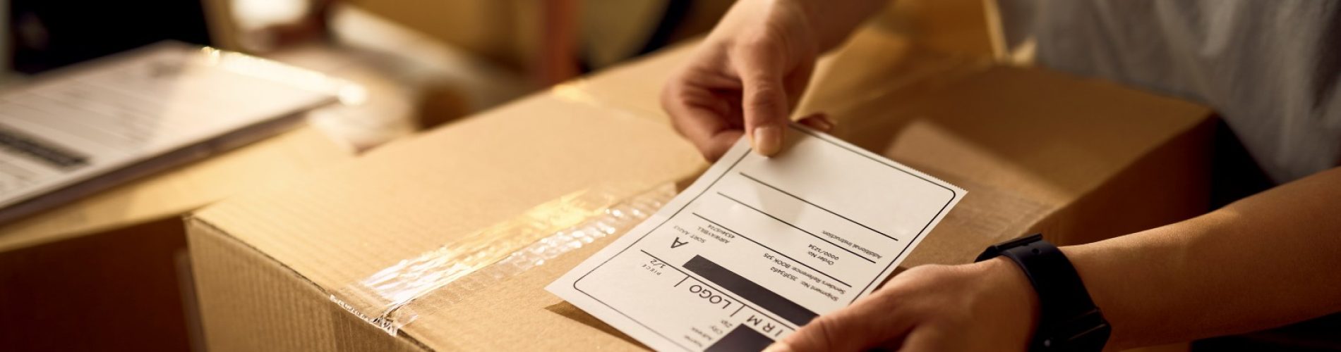 Close-up of courier attaching address label on a package while working in the office.